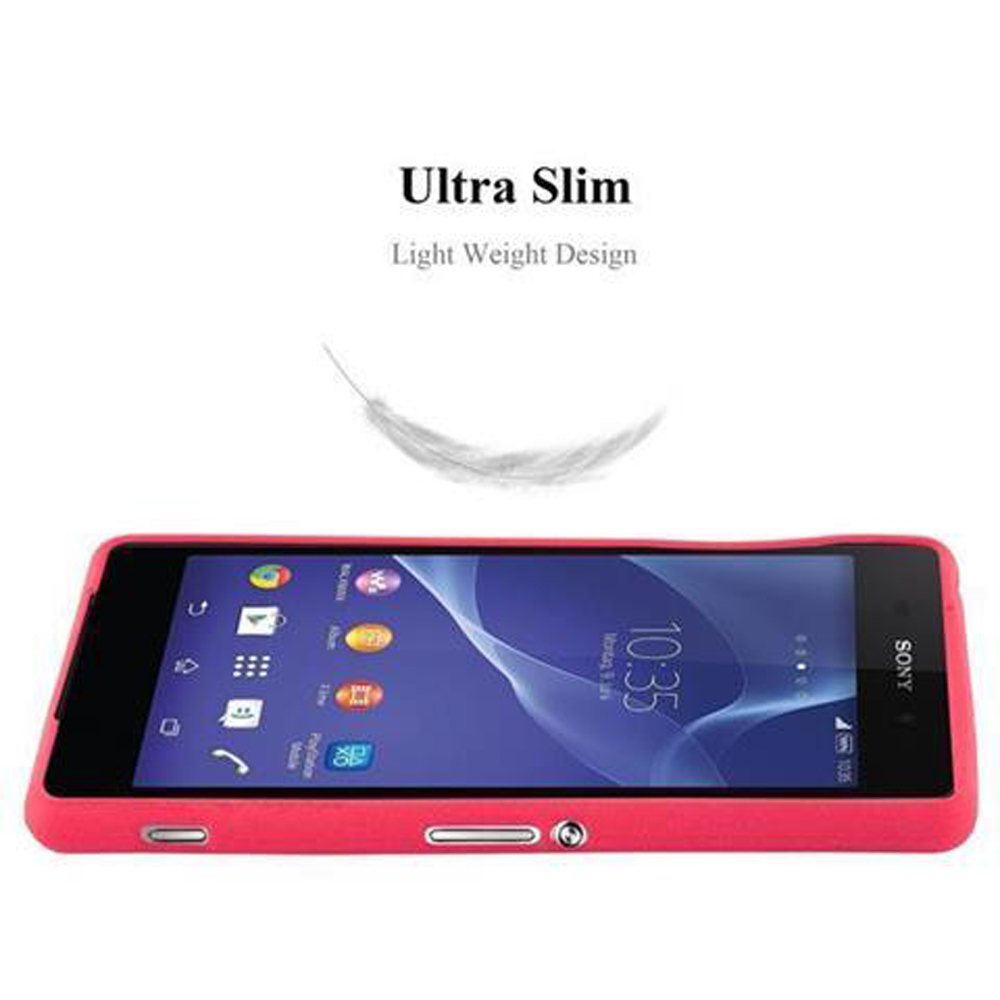Funda de teléfono roja con un teléfono dentro, que tiene una pantalla azul y muestra la hora.