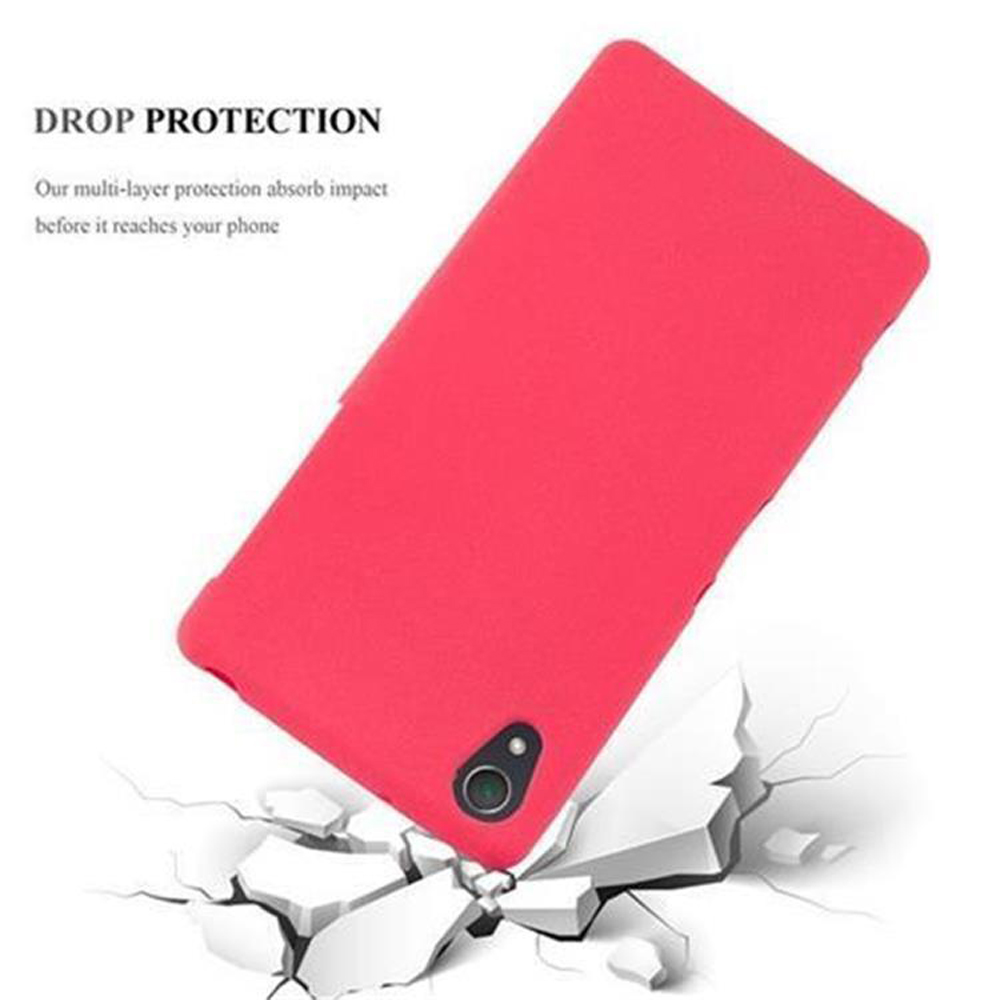 Una funda de teléfono roja sobre concreto roto. El texto dice 'Drop Protection' y 'Our multi-layer protection'.