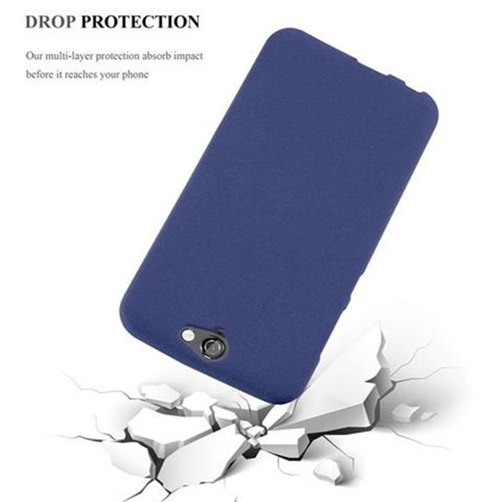 Custodia per telefono blu che cade su una superficie. Testo: Protezione dalle cadute.