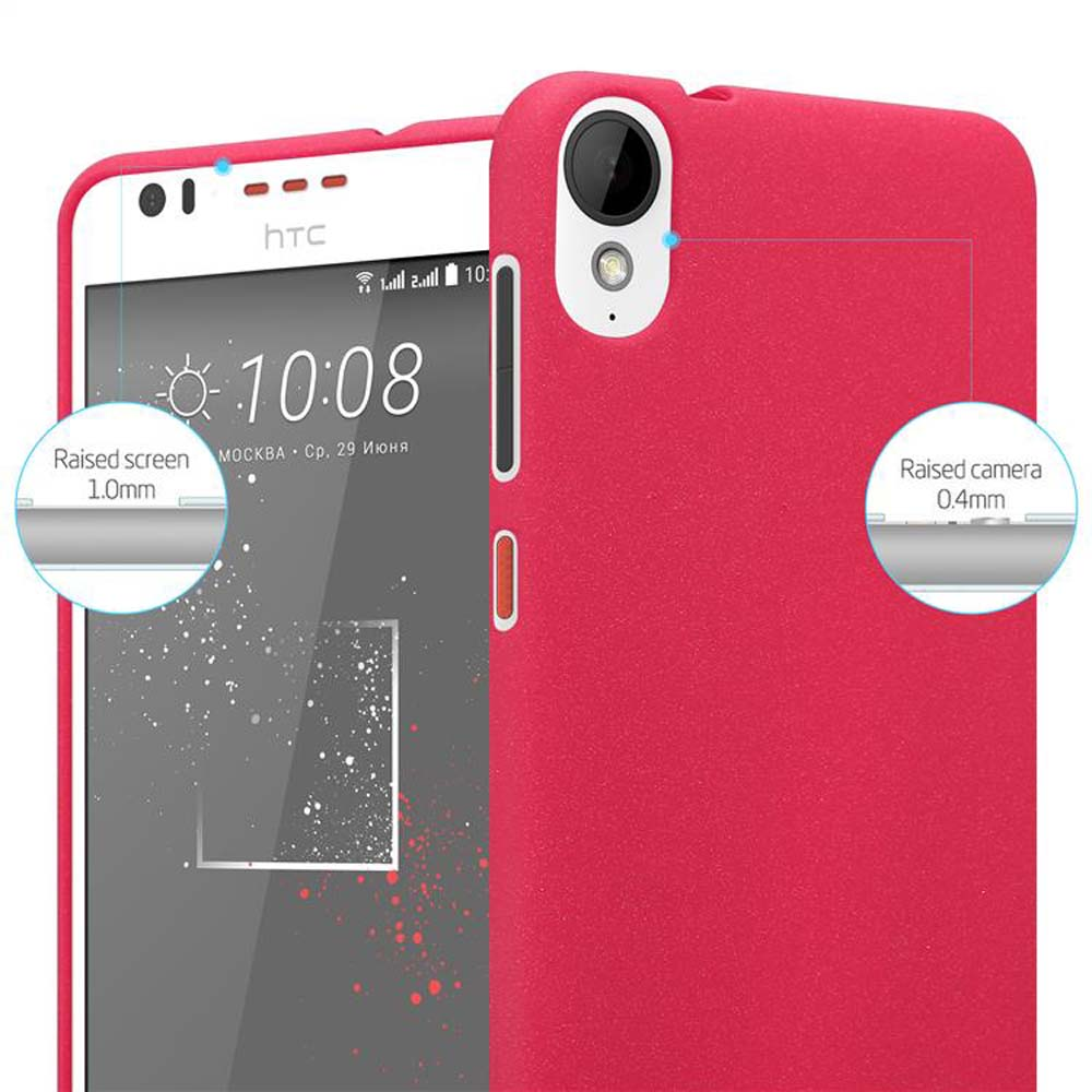 Una custodia rossa per telefono. Il telefono è nella custodia. La custodia ha caratteristiche di schermo e fotocamera rialzate.