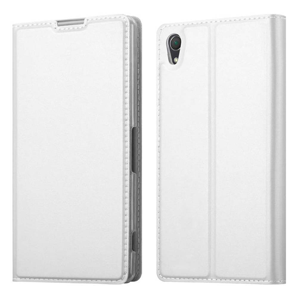 Funda blanca para teléfono, con el teléfono dentro, abierta mostrando el teléfono y cerrada.