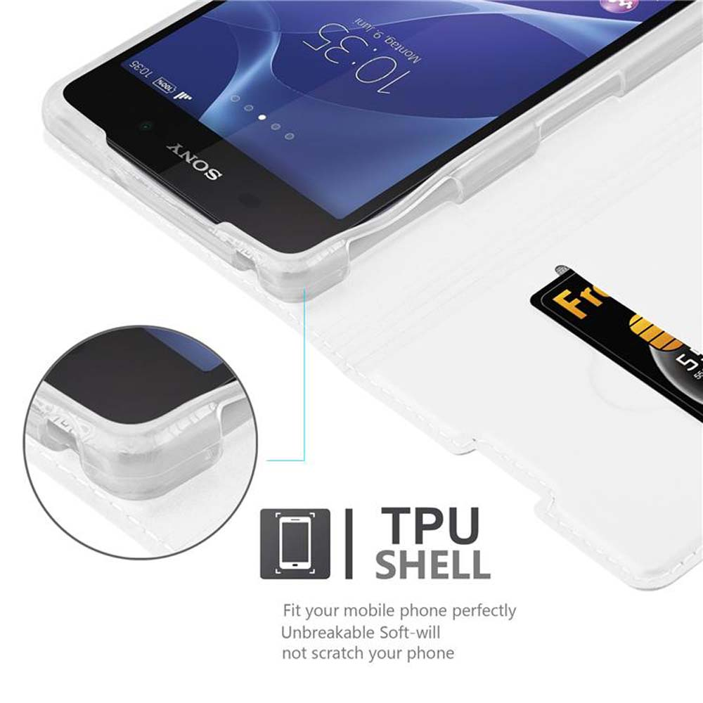 Teléfono blanco en una funda transparente, dentro de una funda con ranuras para tarjetas. Texto: TPU SHELL, se adapta a tu móvil.