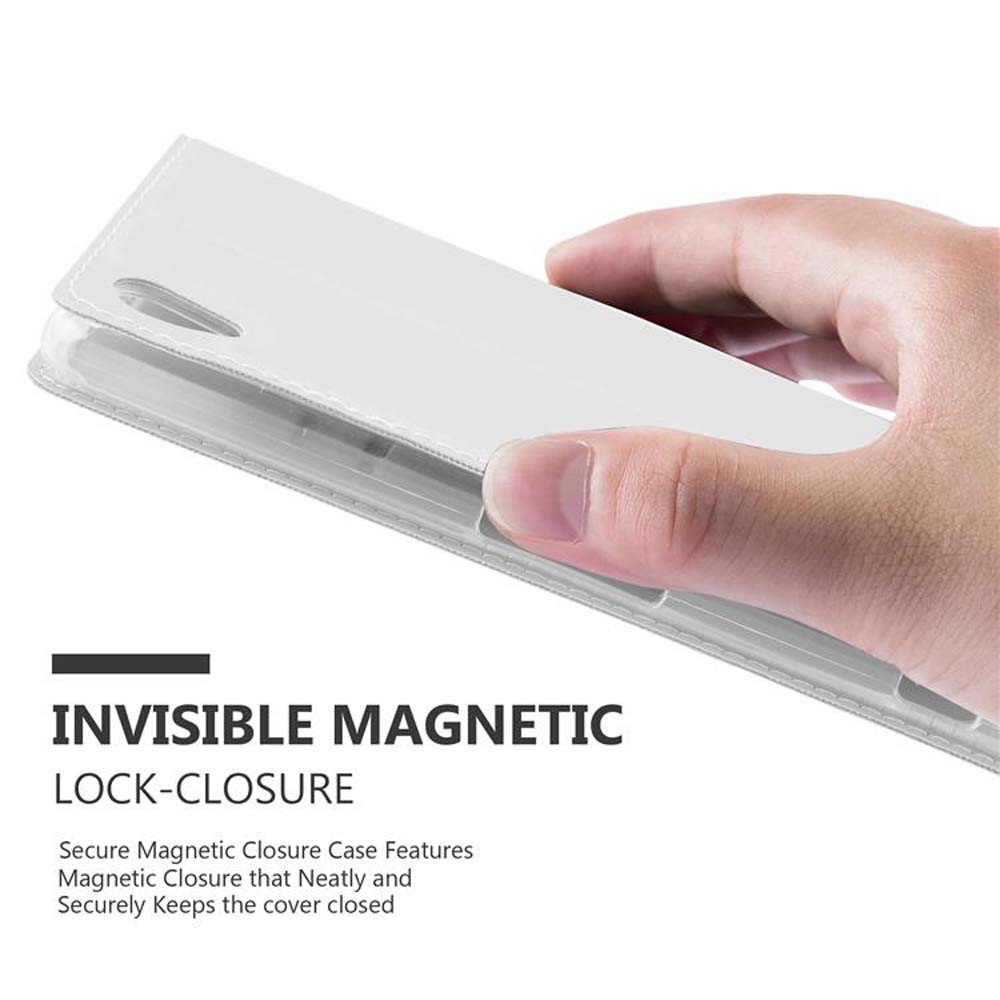 Una mano sosteniendo una funda blanca para teléfono, con el texto: 'CIERRE MAGNÉTICO INVISIBLE'.