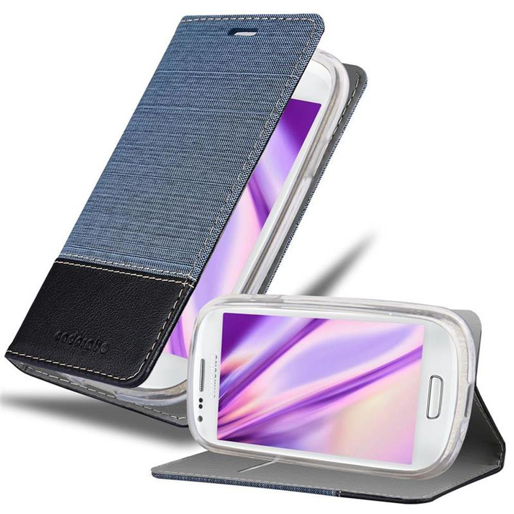 Geöffnete Handyhülle mit Telefon. Denim-Design mit schwarzem Leder.