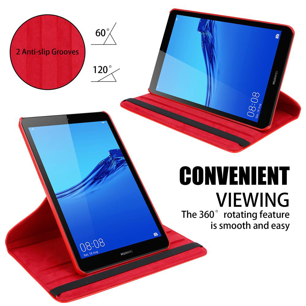 Zwei rote Tablet-Hüllen, eine offen, eine geschlossen. Beide Tablets zeigen den Bildschirm.