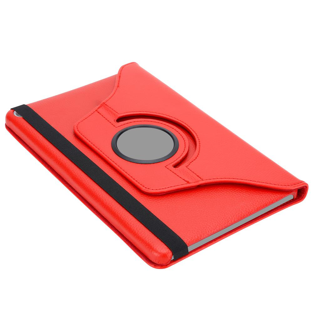 Rote Tablet-Hülle mit schwarzem Gummiband und einem kreisförmigen Ausschnitt auf dem Cover. Schwarzes Gummiband.