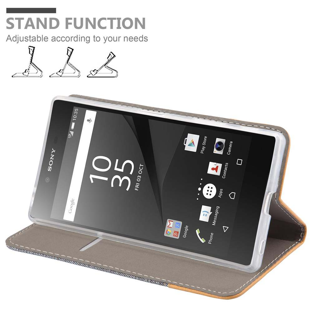 Ein Telefon in einer Hülle ist geöffnet und gibt den Bildschirm frei. Eine Standfunktion-Grafik wird angezeigt. Das Telefon befindet sich vor weißem Hintergrund.