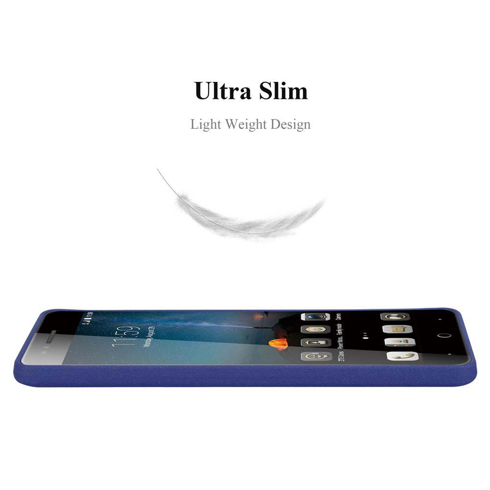Una custodia blu per telefono con un telefono all'interno. Il testo in alto recita "Ultra Slim". Una grafica di piuma è sopra il telefono.