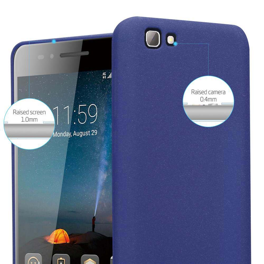 Custodia blu. Schermo del telefono visibile. Primi piani mostrano lo schermo rialzato.