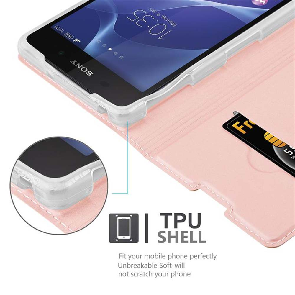 Teléfono en funda con ranura para tarjetas. El teléfono muestra la hora. Texto: Carcasa de TPU.