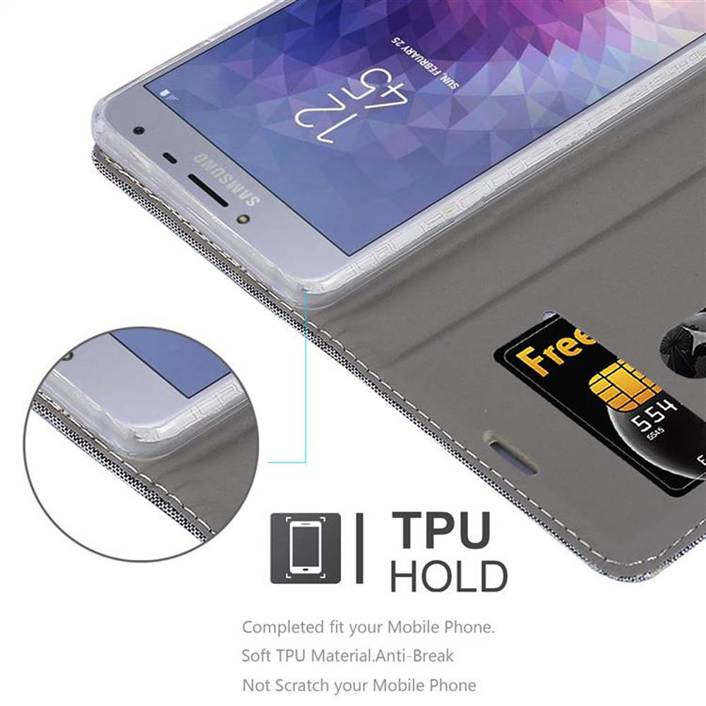 Custodia grigia con telefono dentro e carta di credito. TPU HOLD in basso.