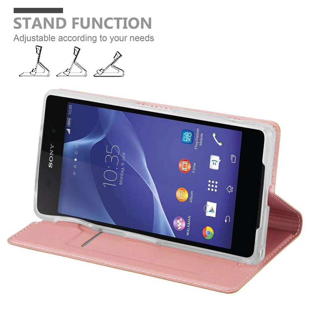 Funda rosa con smartphone dentro, mostrando la hora. Gráfico de función de soporte en la parte superior izquierda.