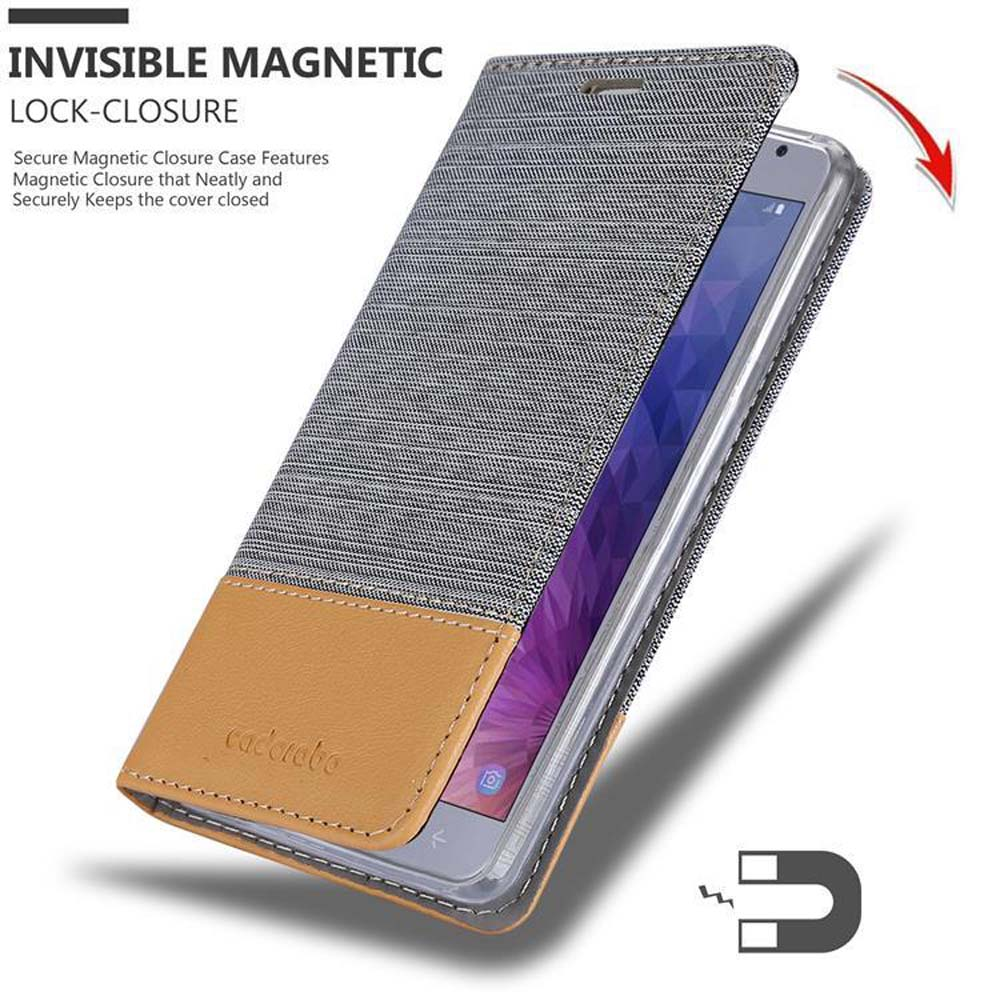 Custodia del telefono aperta, con una copertura fantasia. Fondo marrone chiaro con testo e un magnete.