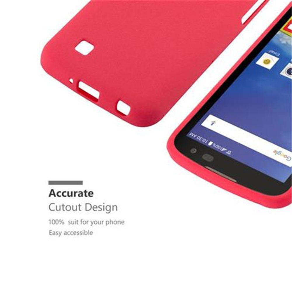 Una custodia per telefono rossa viene visualizzata con un telefono. Lo schermo del telefono è visibile. Il testo dice "Design di ritaglio accurato".