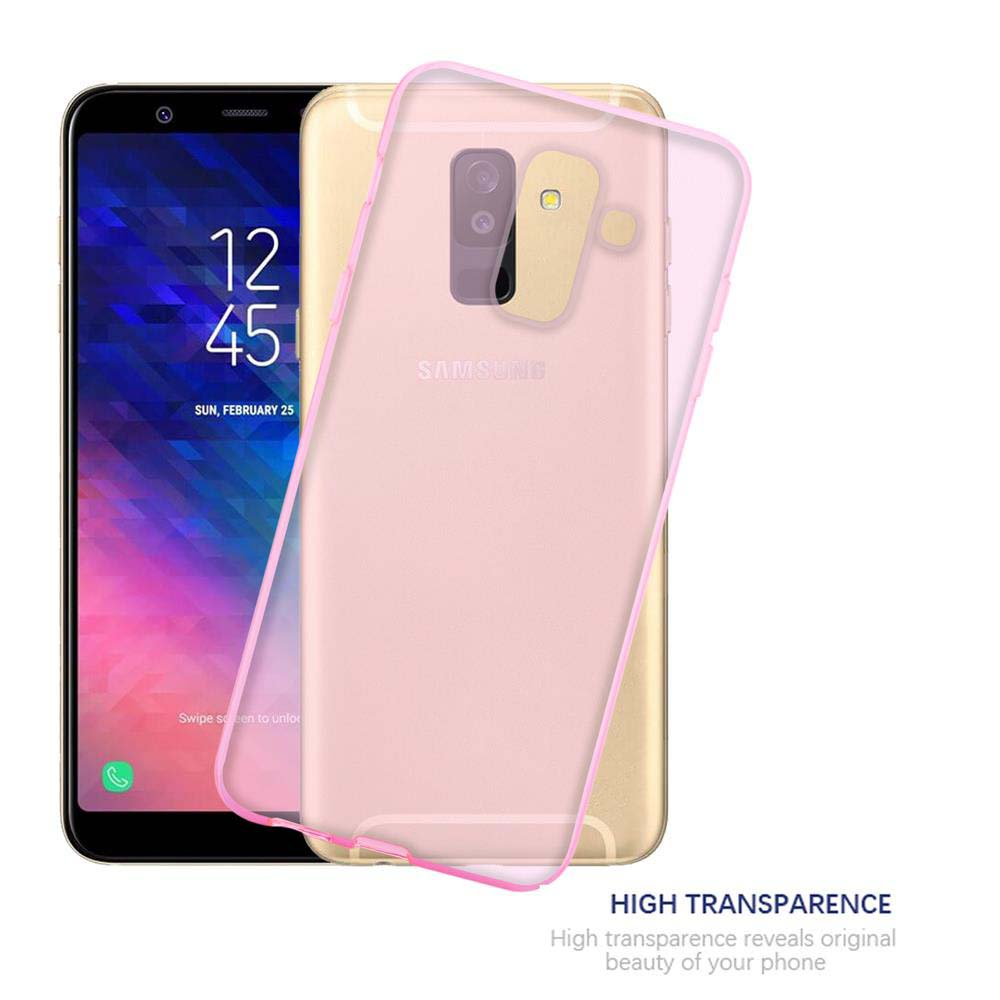Un telefono con una cover rosa davanti a un telefono dorato. Il testo recita 'HIGH TRANSPARENCE'.