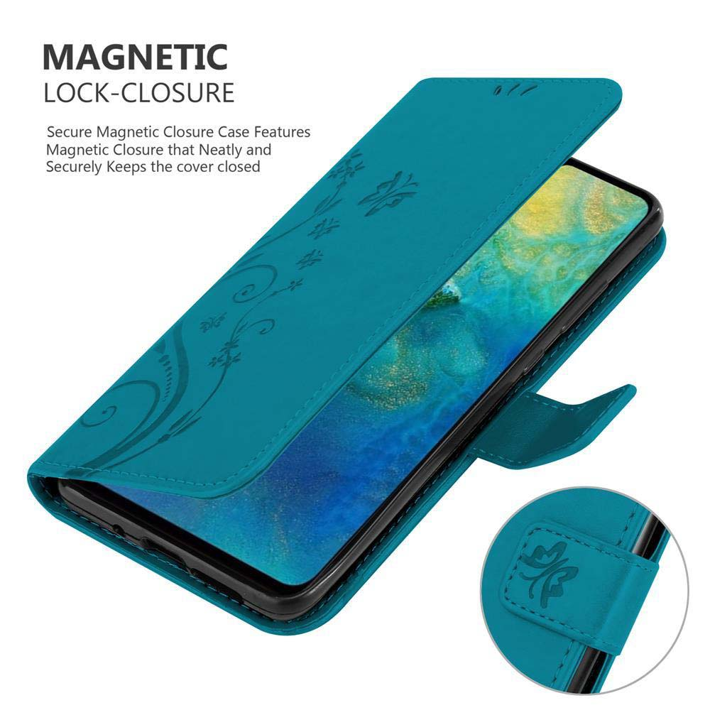Custodia teal per telefono con design floreale. Custodia aperta. Blocco magnetico.