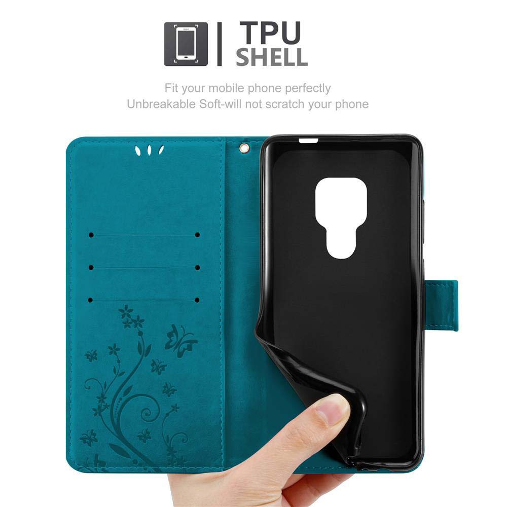 Una custodia per telefono verde acqua aperta con un telefono all'interno. Ha un design floreale e un'etichetta TPU SHELL.