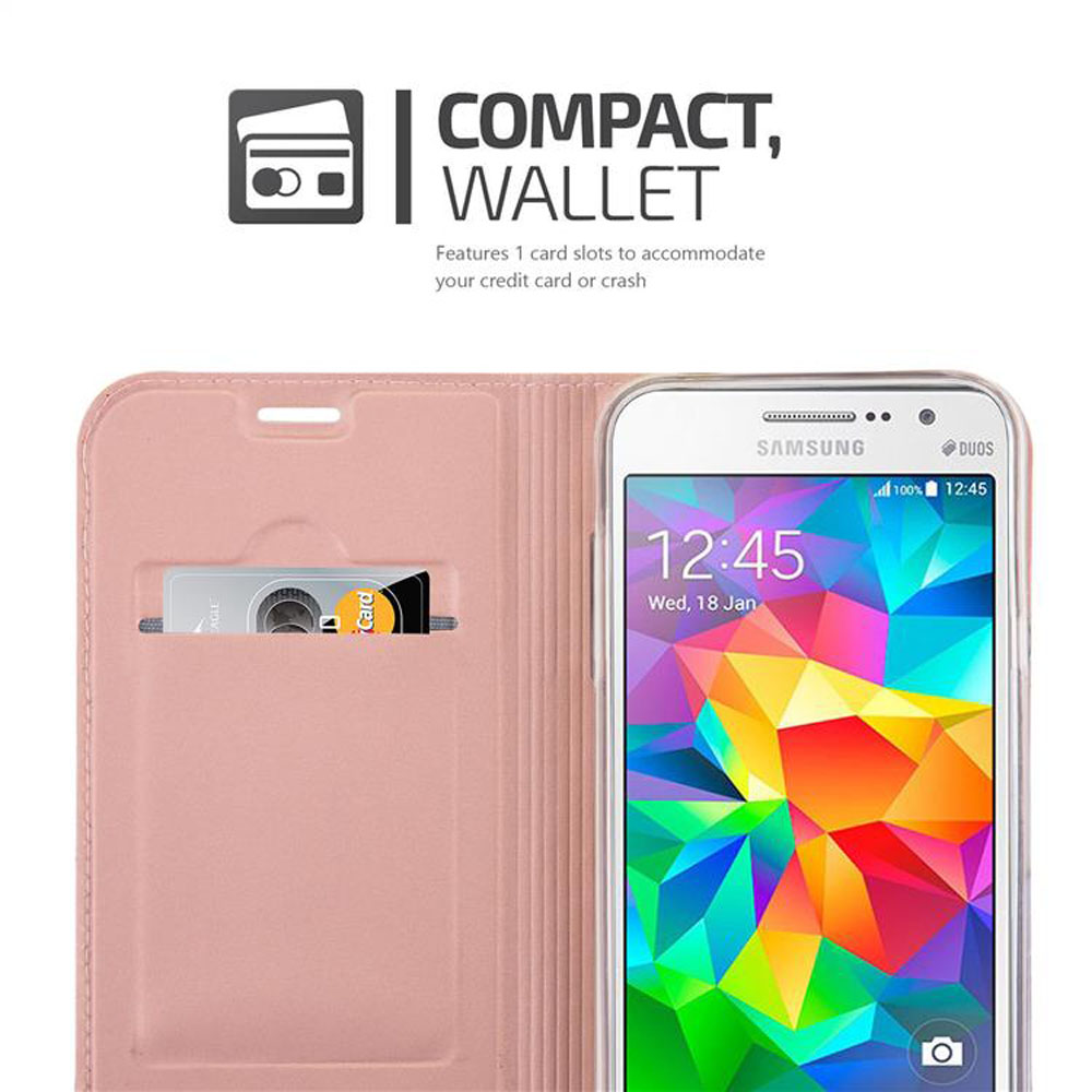 Un teléfono en una funda rosa con una tarjeta y pantalla que muestra la hora. La funda está abierta.