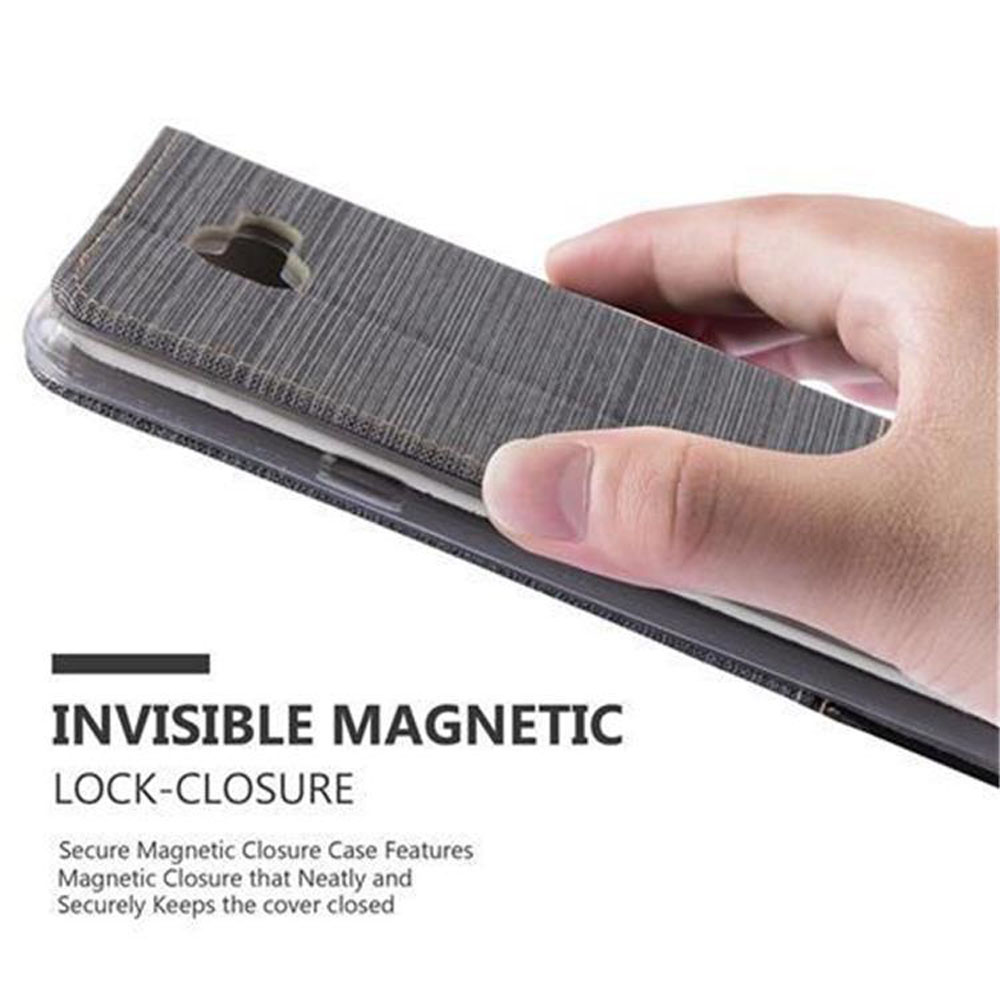 Mano che tiene una custodia per telefono. La custodia è grigia e ha il testo 'Invisible Magnetic Lock-Closure'.