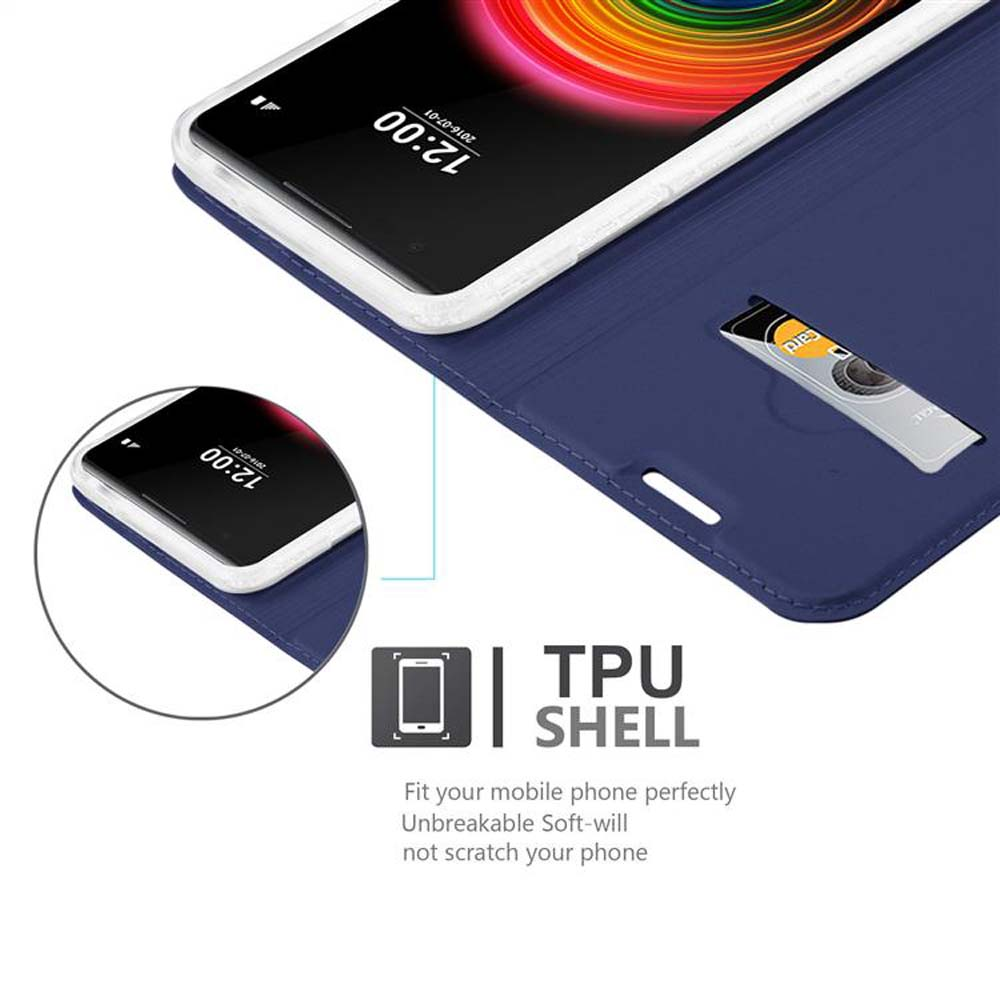 Custodia blu per telefono con telefono all'interno. C'è uno slot per carte.