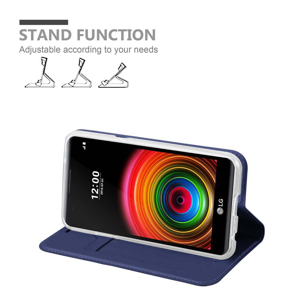 Telefono in custodia blu, funzione stand con tre tipi di supporto.