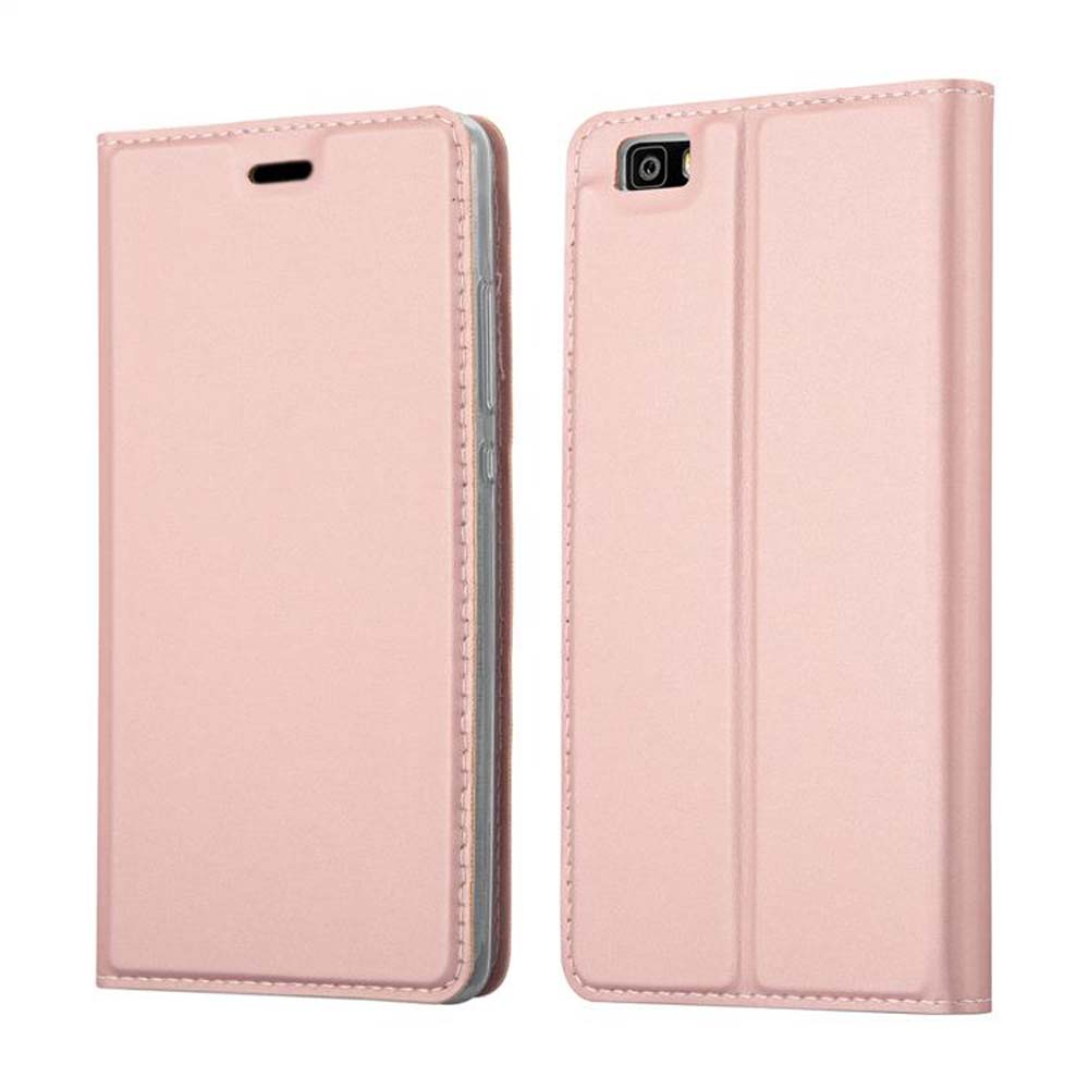 Funda rosa para teléfono, cerrada y abierta. Con bordes cosidos y recorte para cámara.