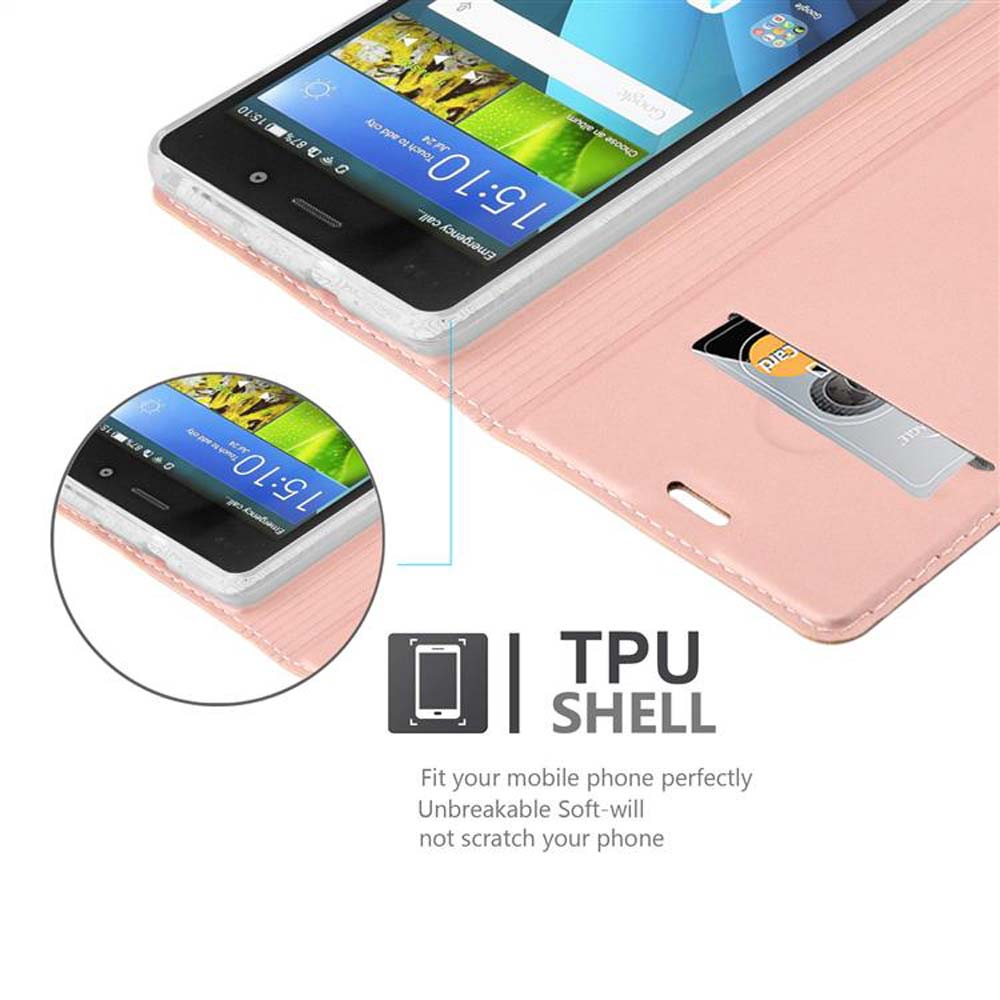 Un teléfono dentro de una funda rosa, con una ranura para tarjetas y una tarjeta de crédito. La funda está abierta.