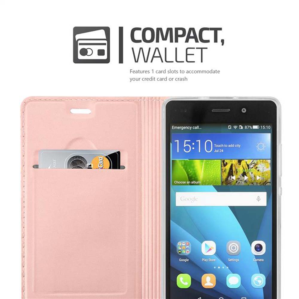 Funda de teléfono rosa con un teléfono dentro, que muestra la hora y una interfaz de búsqueda de Google.