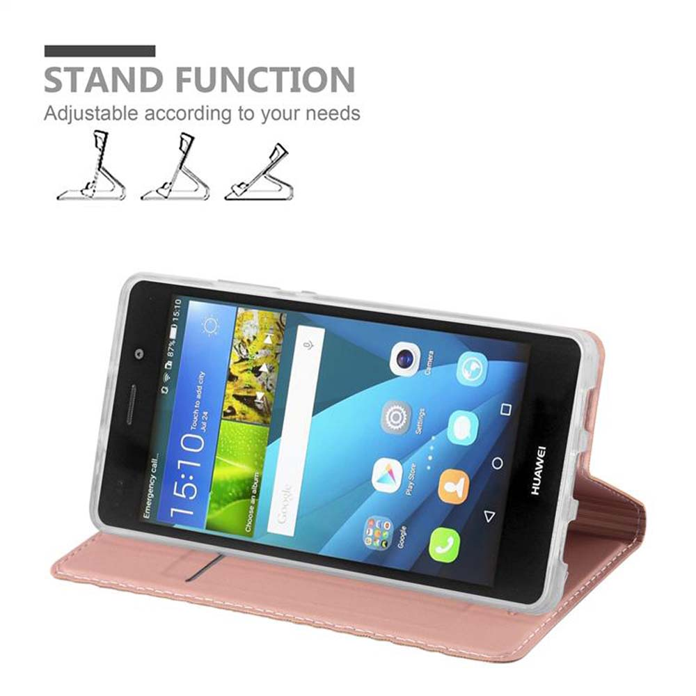 Teléfono en funda con función de soporte. Pantalla del teléfono encendida, mostrando la búsqueda de Google.