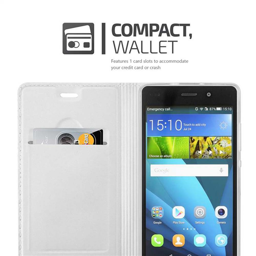 Funda blanca para teléfono con teléfono dentro. Texto: Cartera compacta con ranuras para tarjetas.