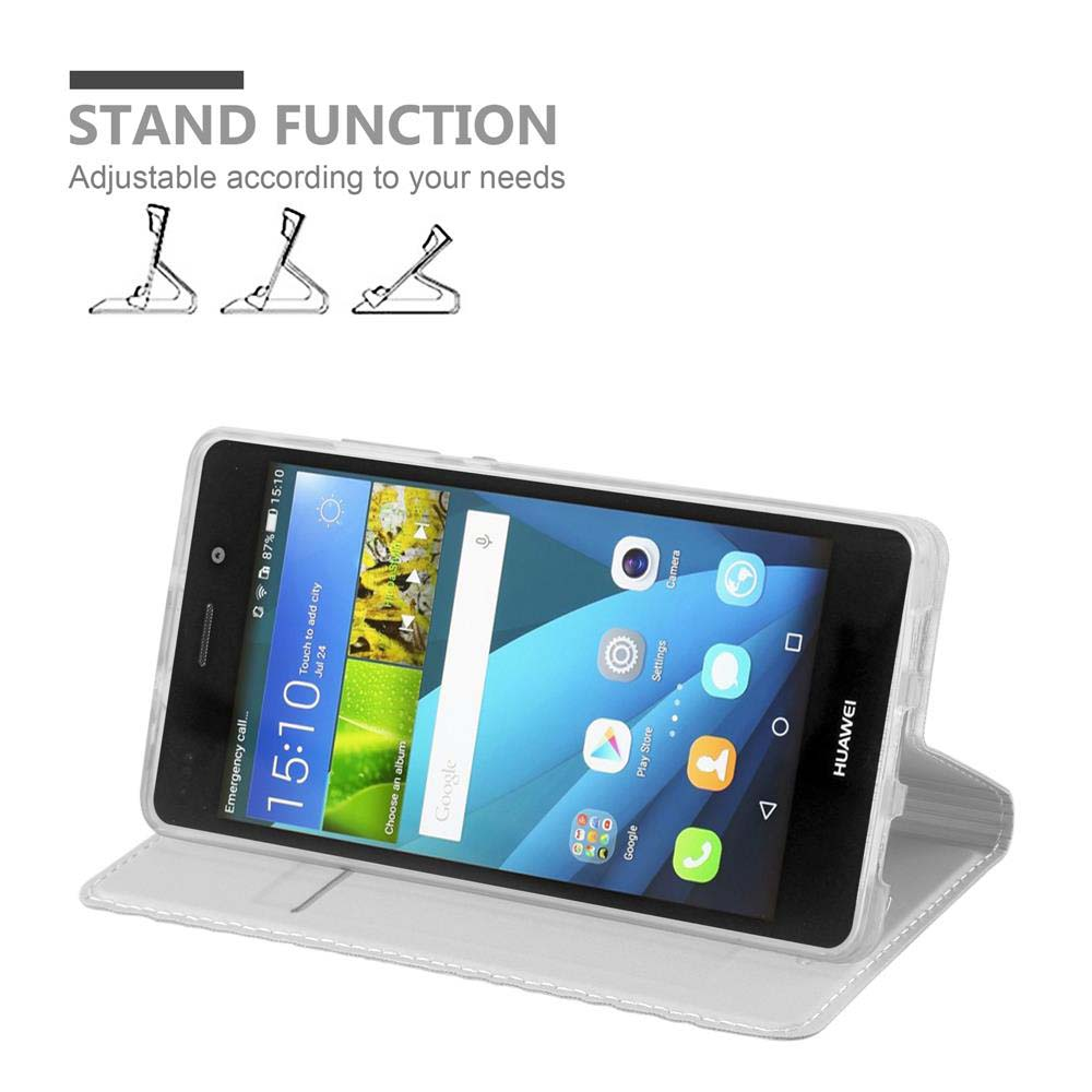 Un teléfono en una funda. La funda tiene una función de soporte. El teléfono está sobre un fondo blanco.