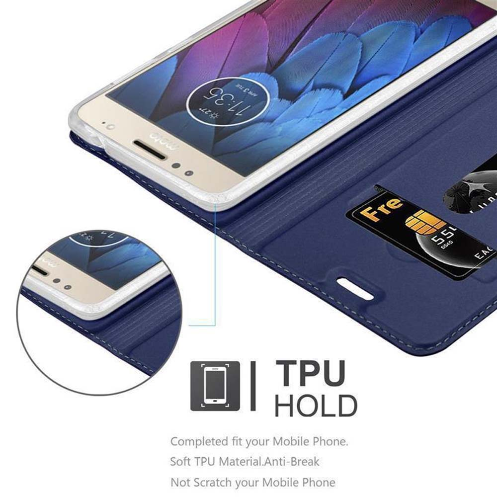 Un telefono in una custodia blu, con slot per schede e contorno del telefono.