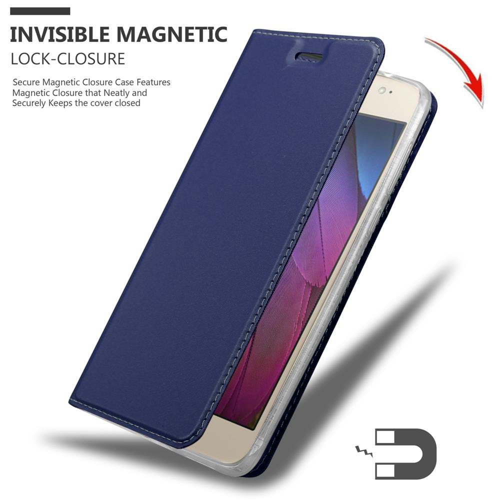 Custodia blu per telefono con chiusura magnetica, aperta, che mostra il telefono.