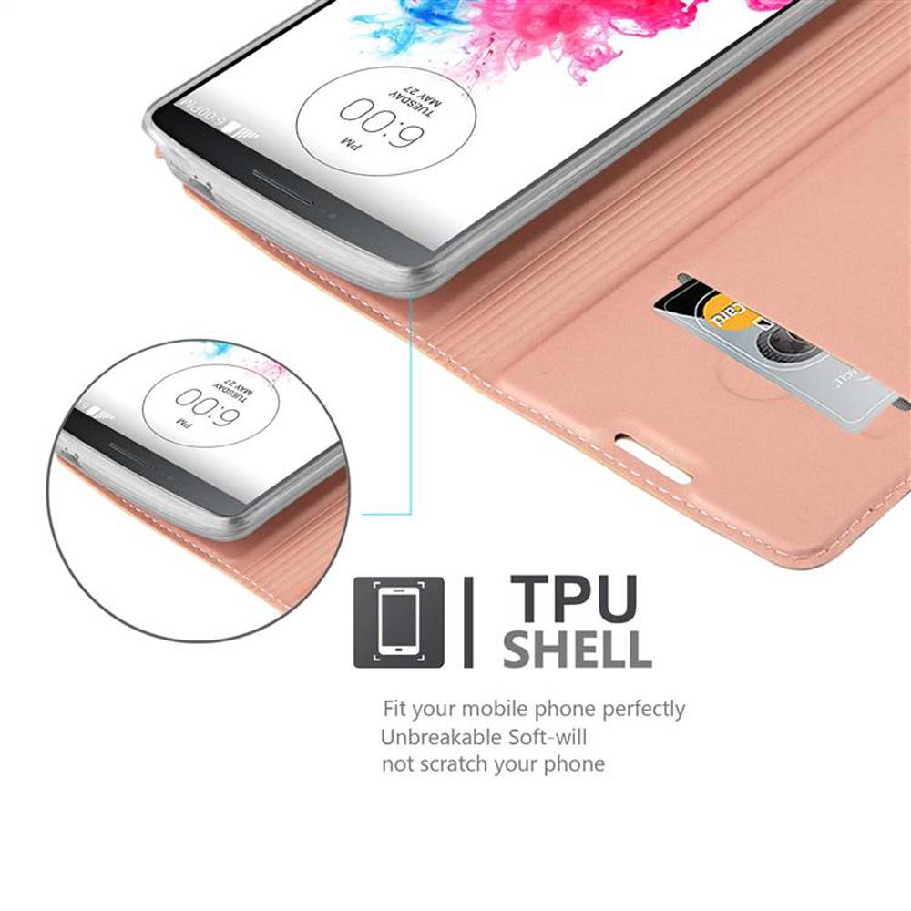 Ein Telefon in einer pinkfarbenen Hülle. Die Hülle ist geöffnet und zeigt den Bildschirm und einen Kartensteckplatz.