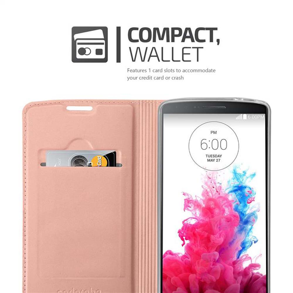 Rosa Telefon in Brieftasche, zeigt eine Oberfläche mit Karten und Apps.