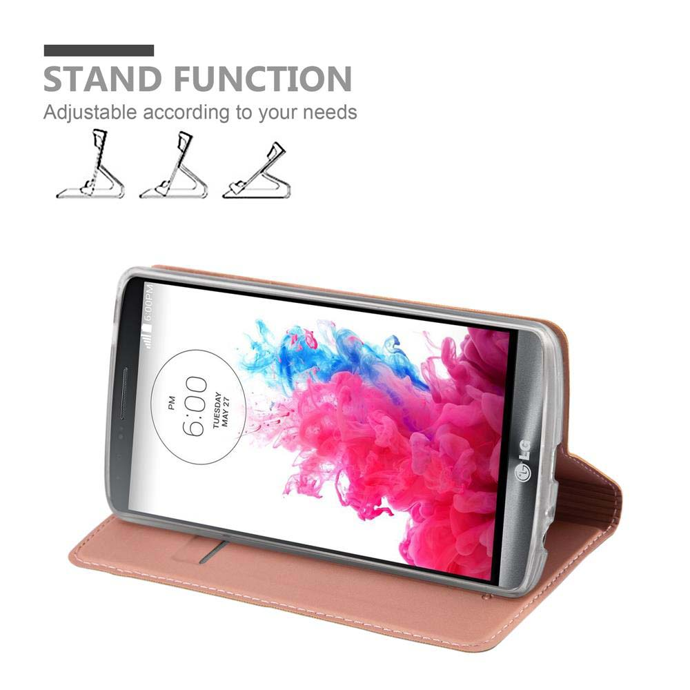 Telefon in Hülle, zum Aufstellen geöffnet. Telefon zeigt farbenfrohes Bild. Hülle ist rosa.