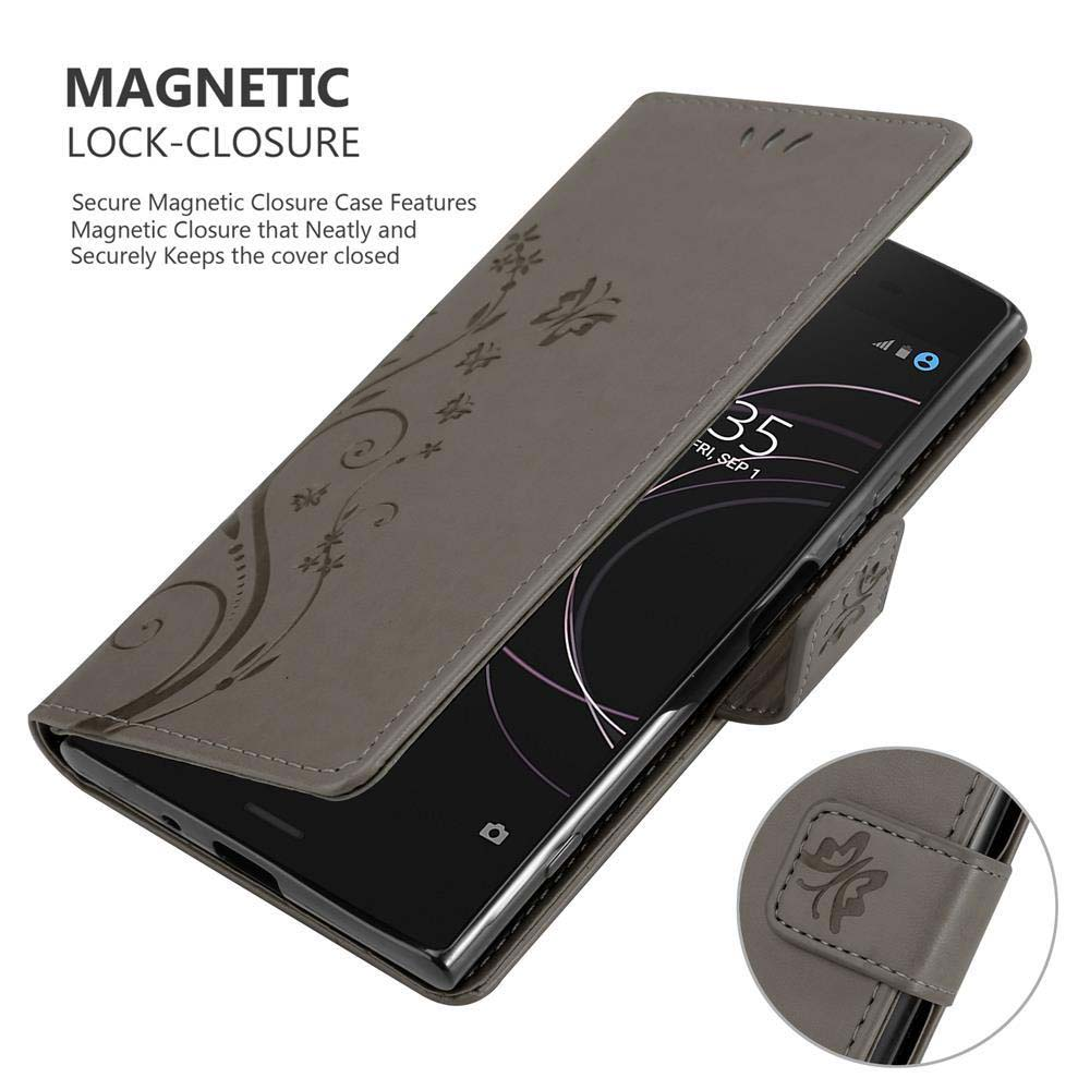Telefono in una custodia grigia, con chiusura magnetica. Custodia aperta, che mostra telefono e design.
