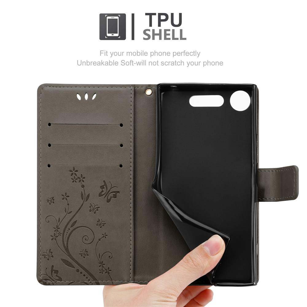 Custodia per telefono aperta con design floreale. All'interno, un telefono nero visibile. Il testo indica un guscio in TPU.