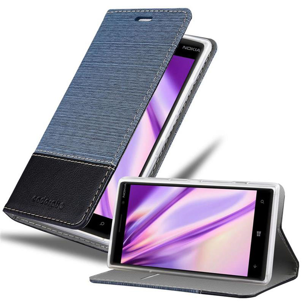Blaue Jeans-Handyhülle mit einem schwarzen Lederteil. Ein Telefon wird darin angezeigt.