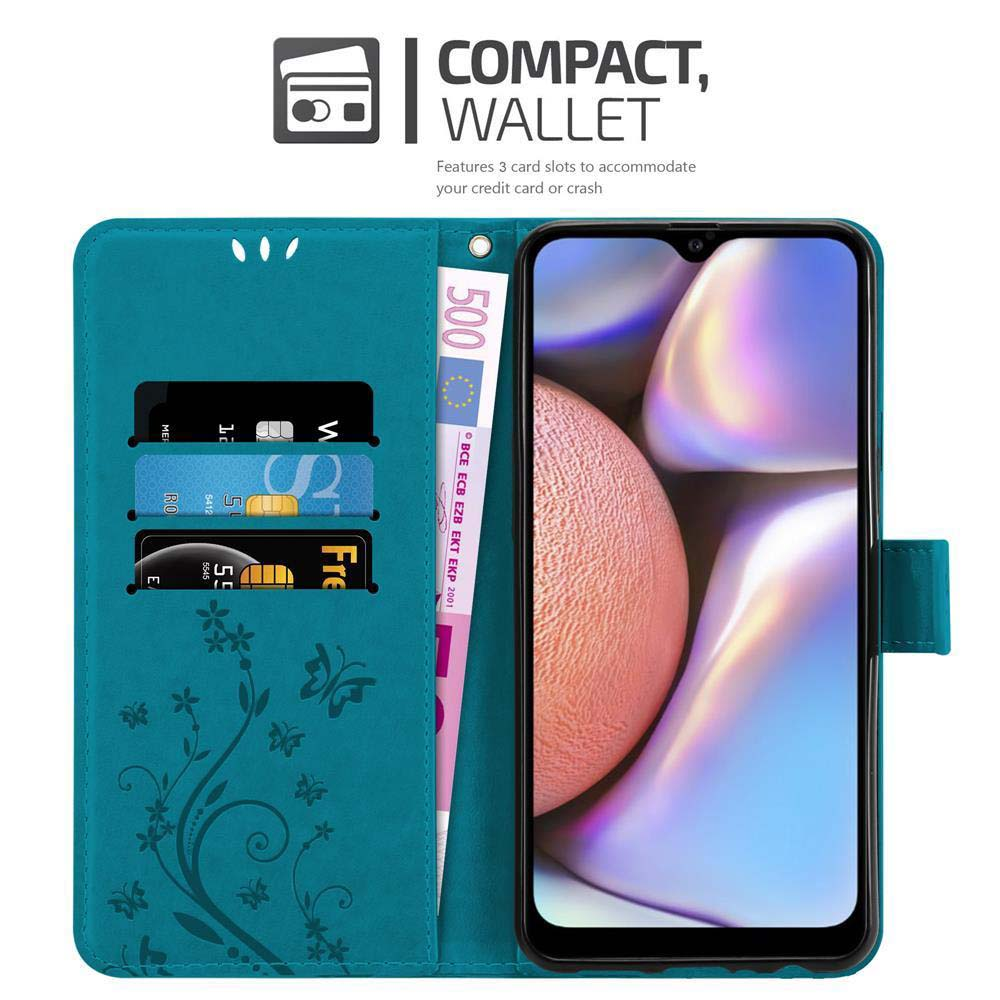 Custodia per telefono turchese con design a portafoglio, con carte e un telefono. Include una banconota da 500 euro.