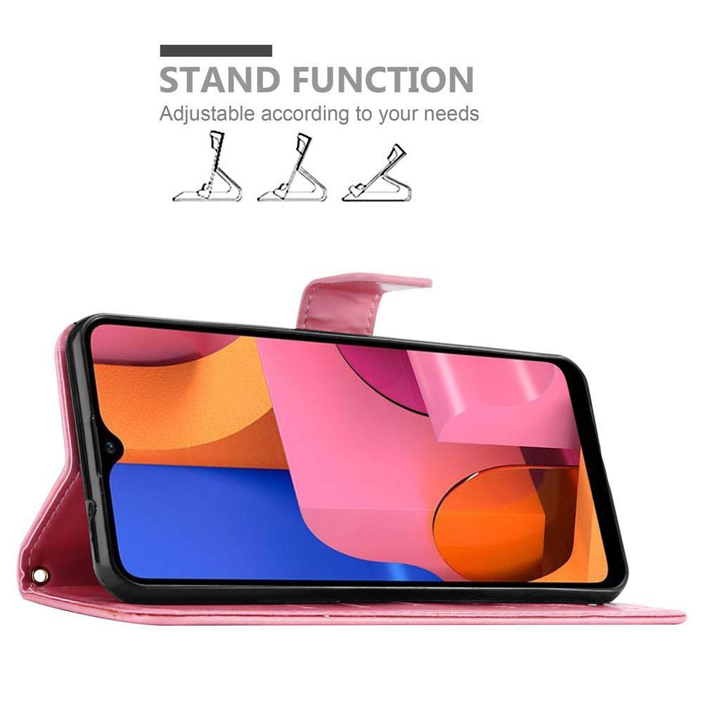 Custodia rosa, telefono dentro. Schermo visibile. Custodia aperta, funzione supporto.