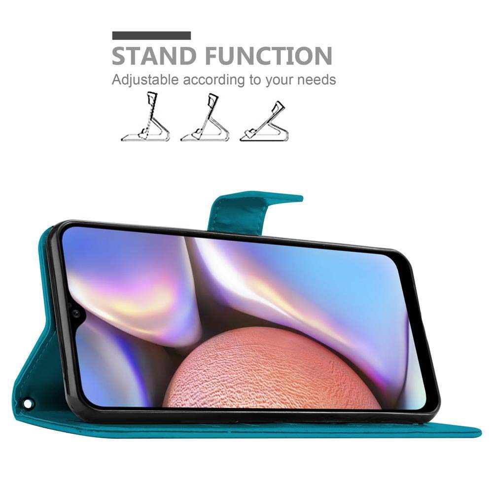 Custodia teal con telefono in modalità stand. Viene mostrata la funzione stand.