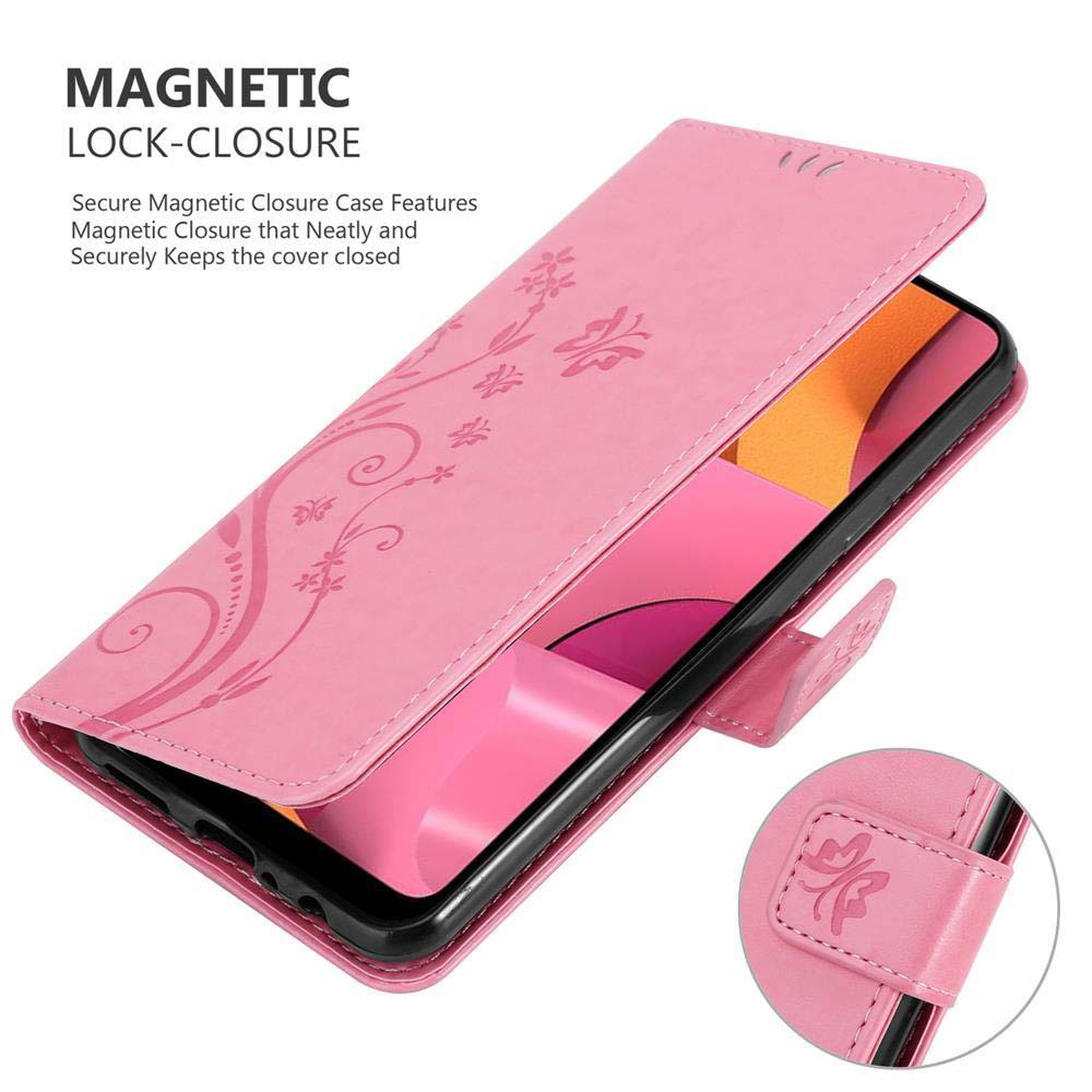 Una custodia rosa per telefono con un design floreale, chiusa. Il testo dice 'Chiusura magnetica'.