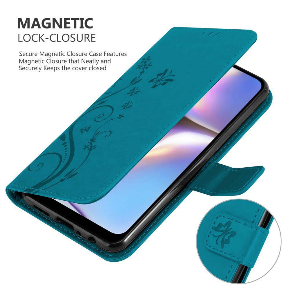 Custodia telefono turchese, aperta, rivela smartphone. Design floreale e chiusura magnetica.
