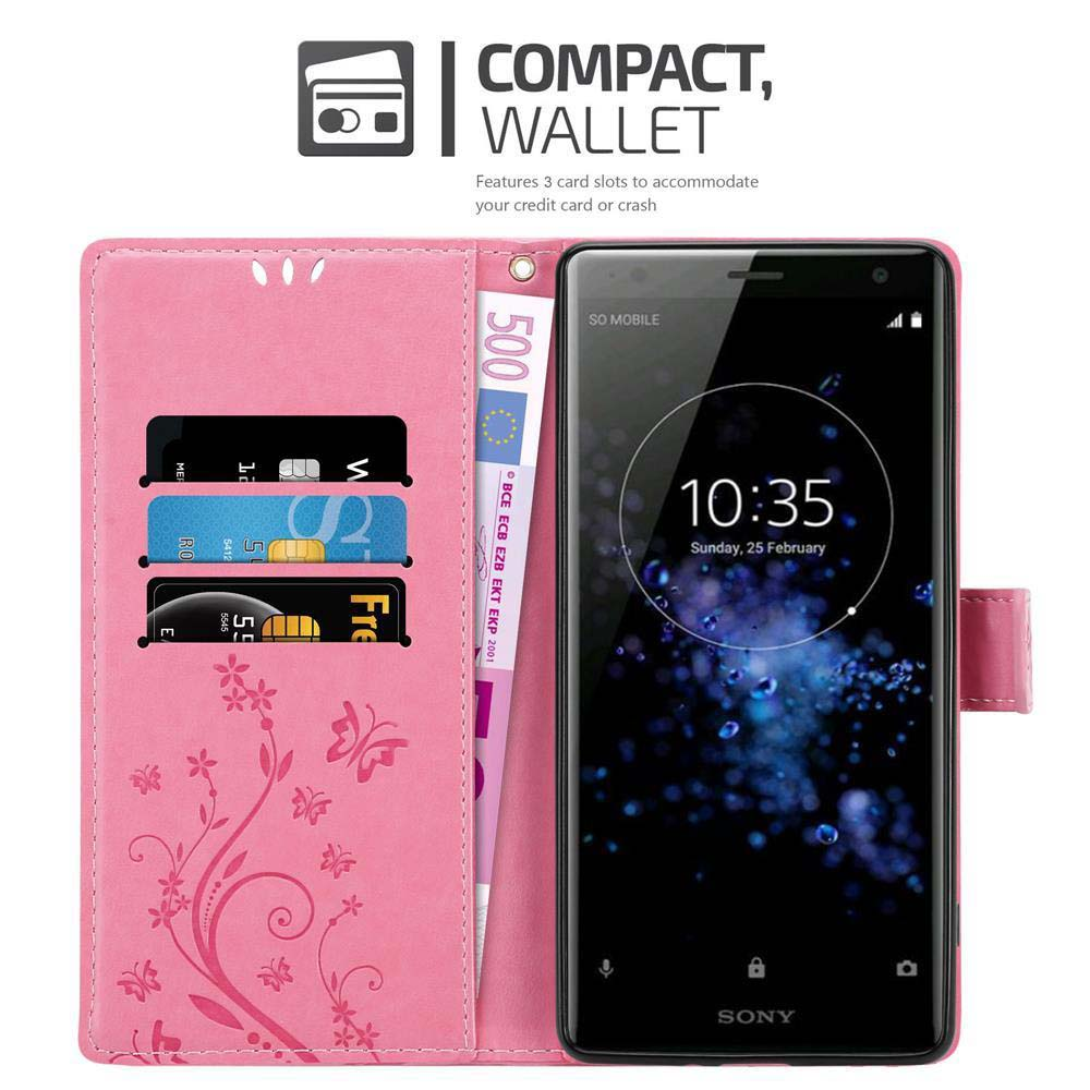 Custodia rosa, telefono dentro. Custodia aperta, carte visibili. Banconote e schermo.
