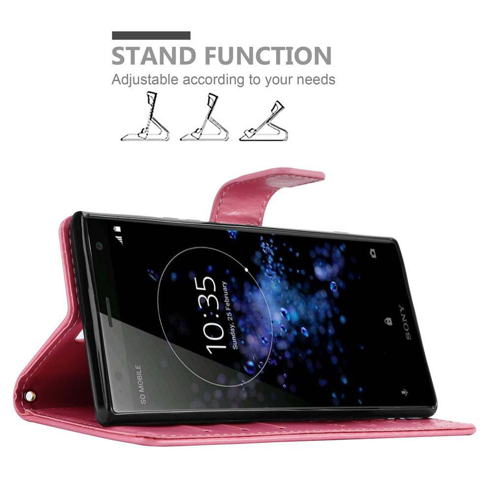 Custodia per telefono rosa con telefono nero che mostra l'ora. Funzione supporto con tre angolazioni regolabili.