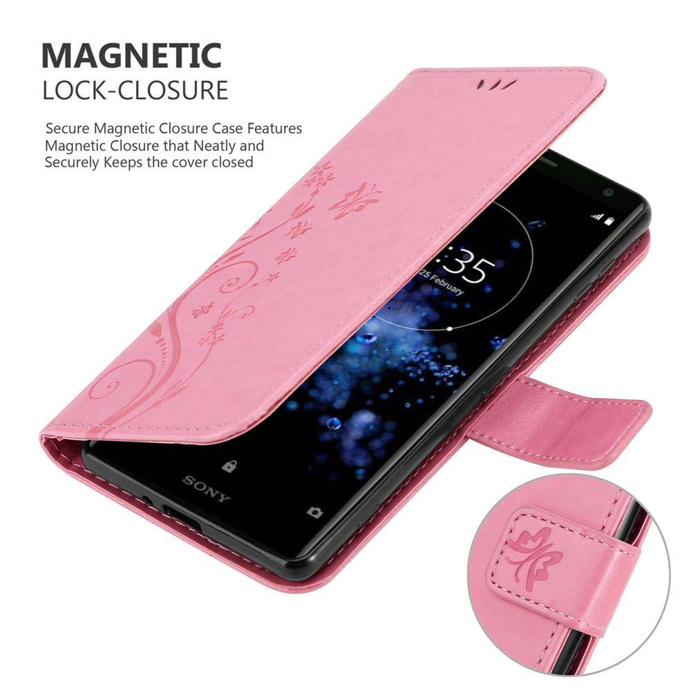 Custodia rosa per telefono aperta, design floreale, schermo del telefono mostrato.