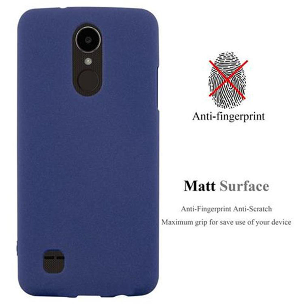 Funda azul para teléfono. La funda tiene una superficie antihuellas y mate. El texto dice 'Anti-fingerprint'.