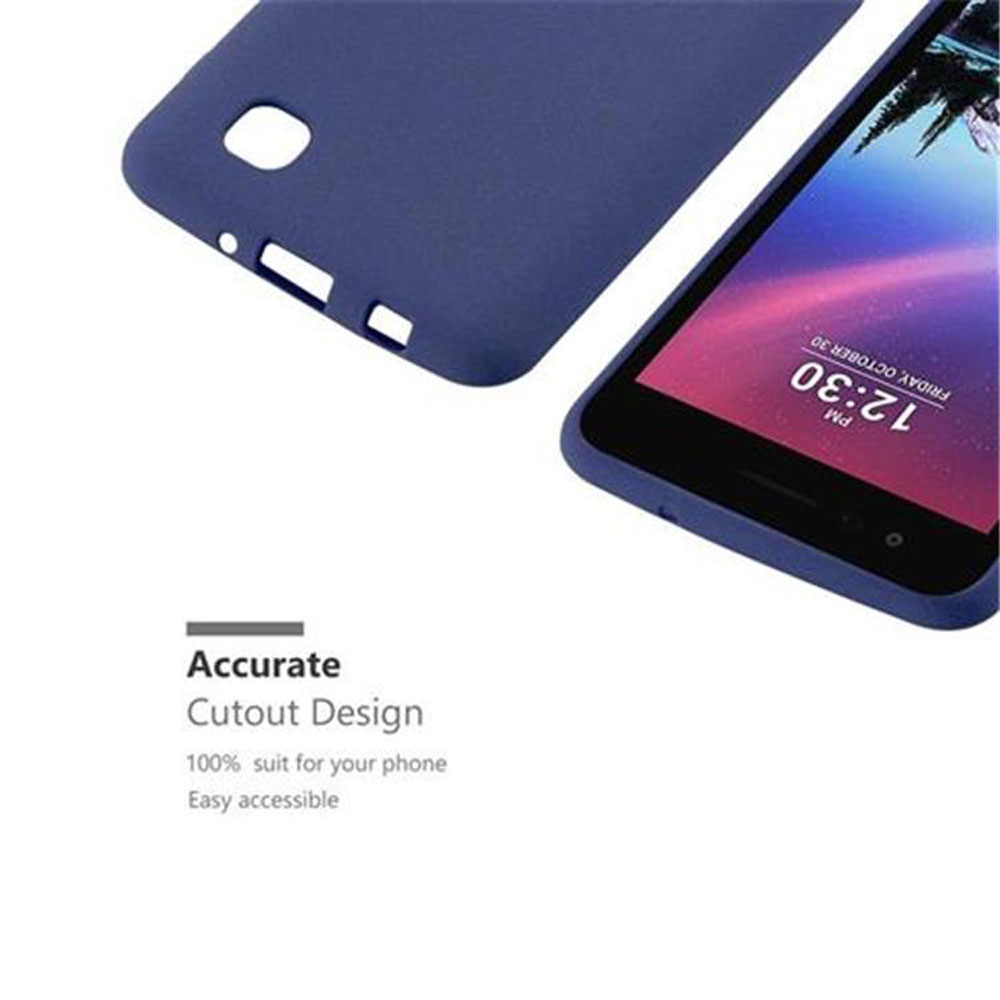 Funda de teléfono azul y teléfono. Diseño de recorte preciso. El teléfono está sobre la funda.