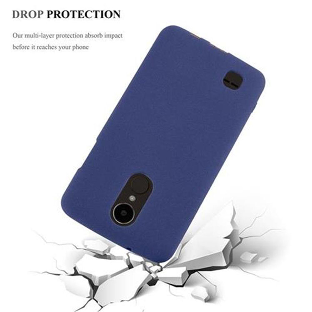 Funda azul para teléfono. La funda está sobre piedra blanca rota. Protección contra caídas escrito en la parte superior.